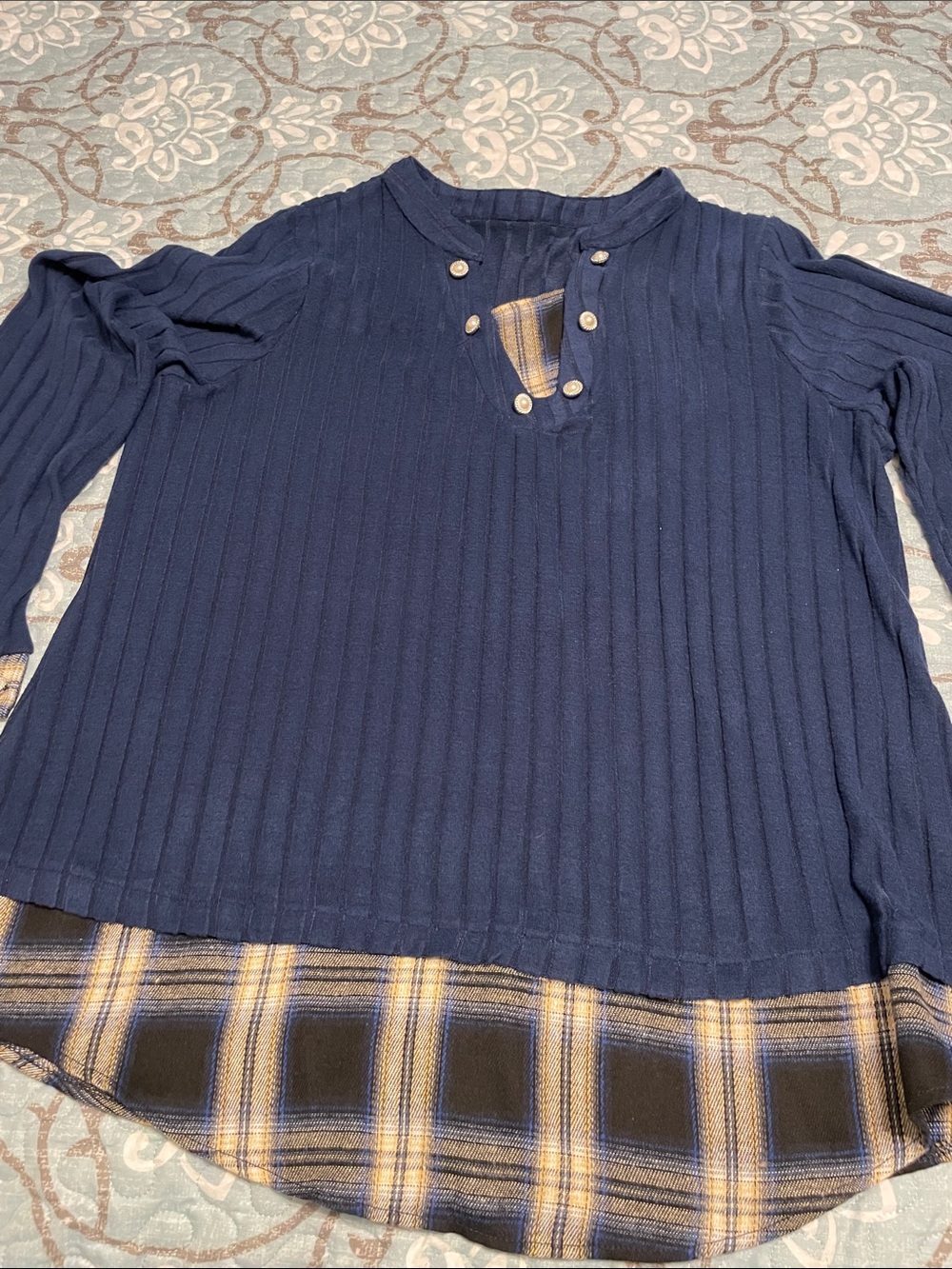 Women's Navy Ribbed Button-Accent Pullover with Plaid Hem